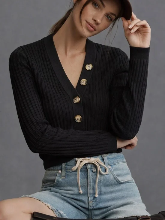 Anthropologie Pilcro black Kassidy ribbed deep v neck sweater - Picture 1 of 10